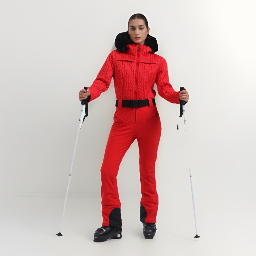 NWT GSOU SNOW Women's One Piece Ski Suit Red Quilted Fur‎ Hood Size M GS-2356